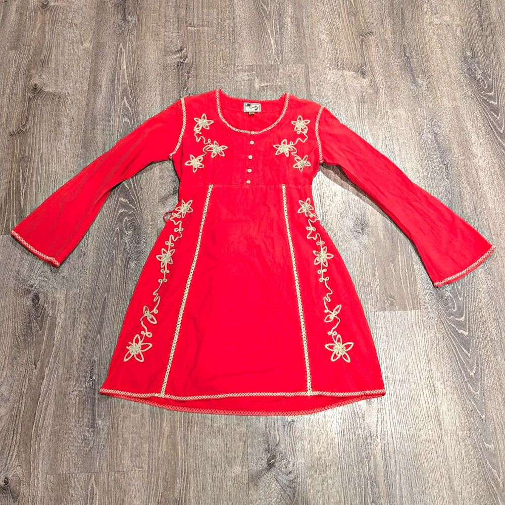 Scully Honey Creek Boho Embroidered Bell Sleeve Corset Back Mini Dress Coral M